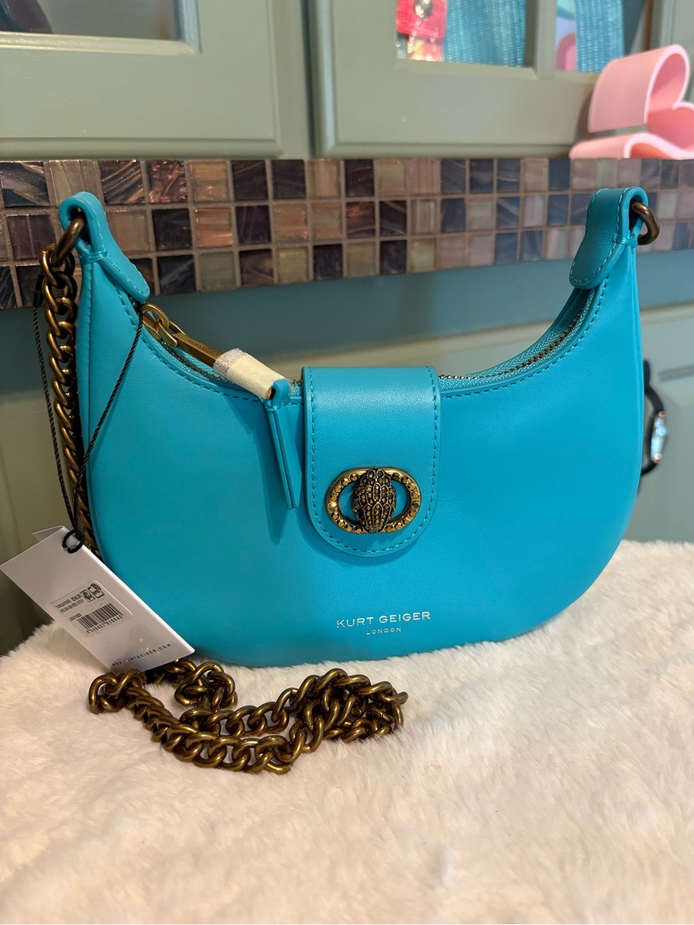 Kurt Geiger Bright Turquoise Crescent Shoulder Bag with Gold Chain